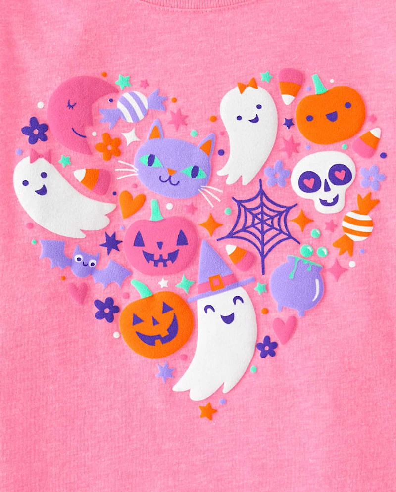 T-shirt graphique à motifs de gribouillages d'Halloween phosphorescents pour bébés et petites filles