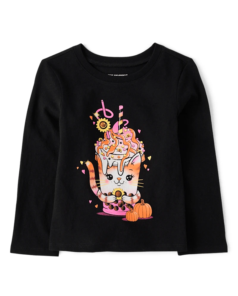 T-shirt graphique pour bébé et petite fille avec motif chat buvant