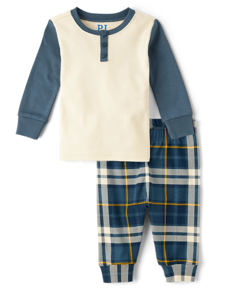 Baby And Toddler Boys Plaid Snug Fit Cotton Henley Pajamas
