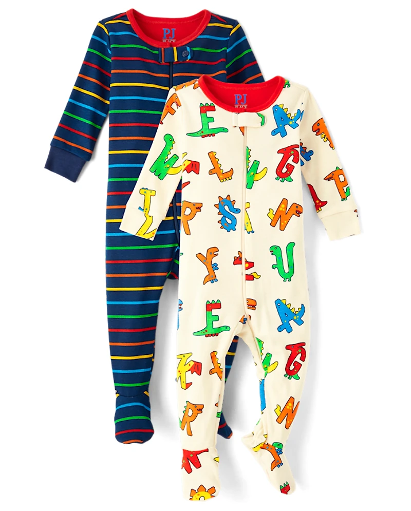 Baby And Toddler Dino Alphabet Striped Snug Fit Cotton Footed One Piece Pajamas 2-Pack