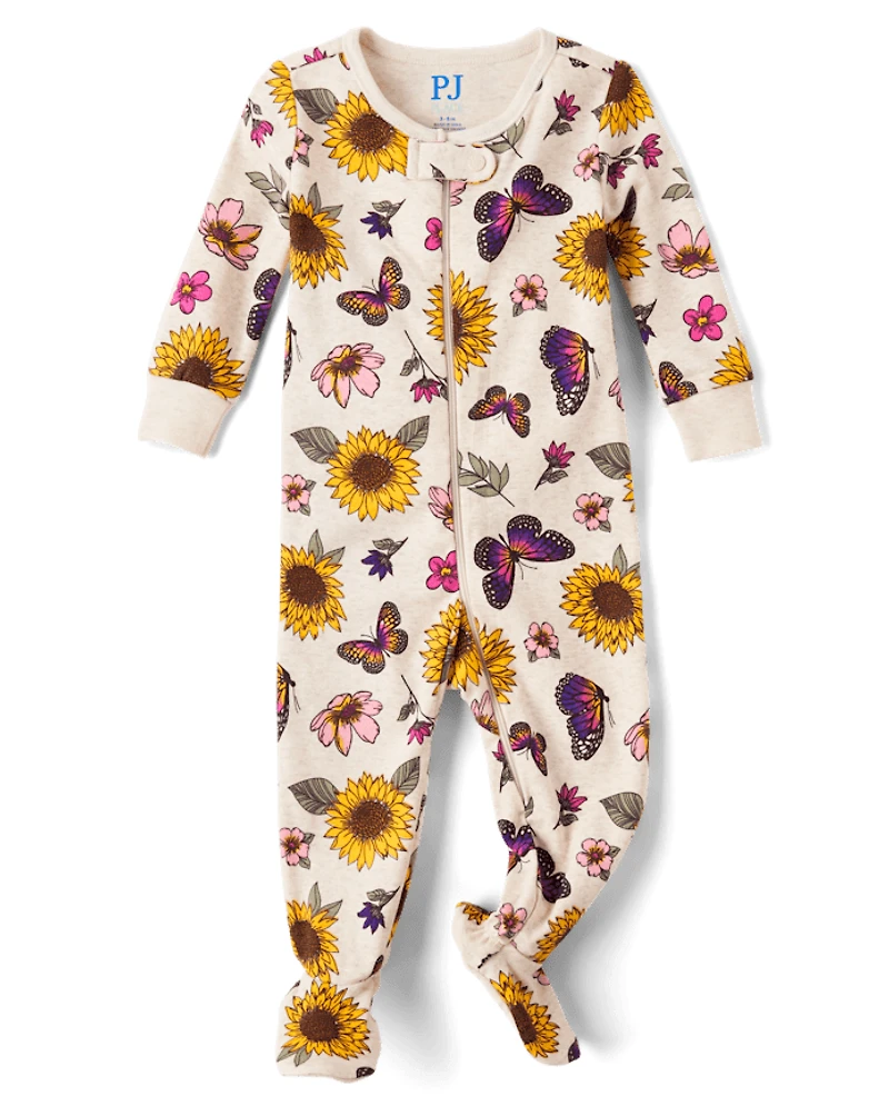 Baby And Toddler Girls Sunflower Snug Fit Cotton Footed One Piece Pajamas