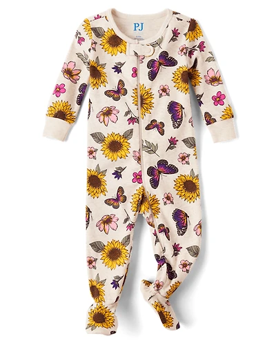 Baby And Toddler Girls Sunflower Snug Fit Cotton Footed One Piece Pajamas
