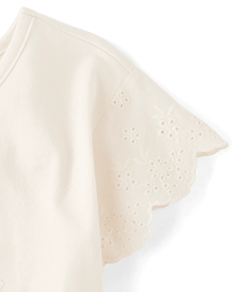 Girls Embellished Graphic Eyelet Top