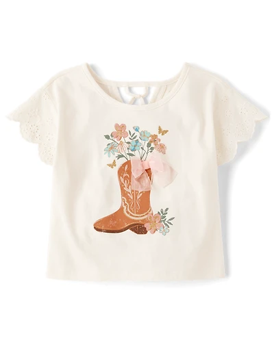 Girls Embellished Graphic Eyelet Top