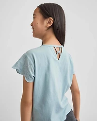 Girls Embellished Graphic Eyelet Top