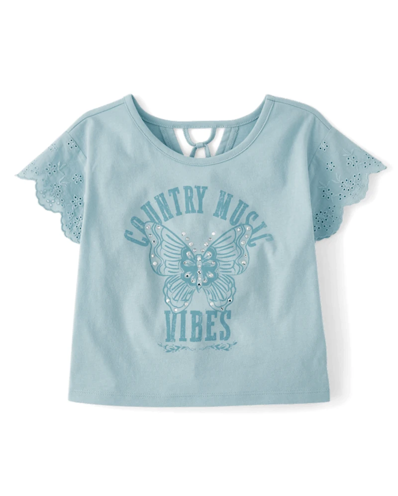 Girls Embellished Graphic Eyelet Top