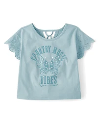 Girls Embellished Graphic Eyelet Top