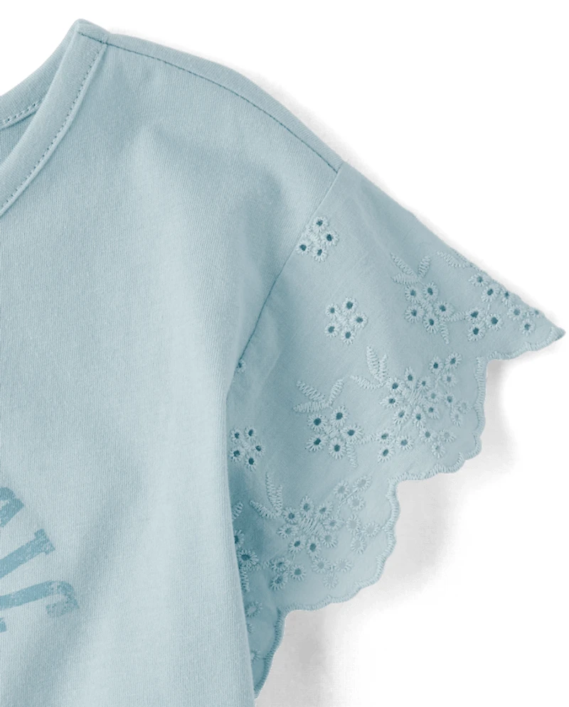 Girls Embellished Graphic Eyelet Top