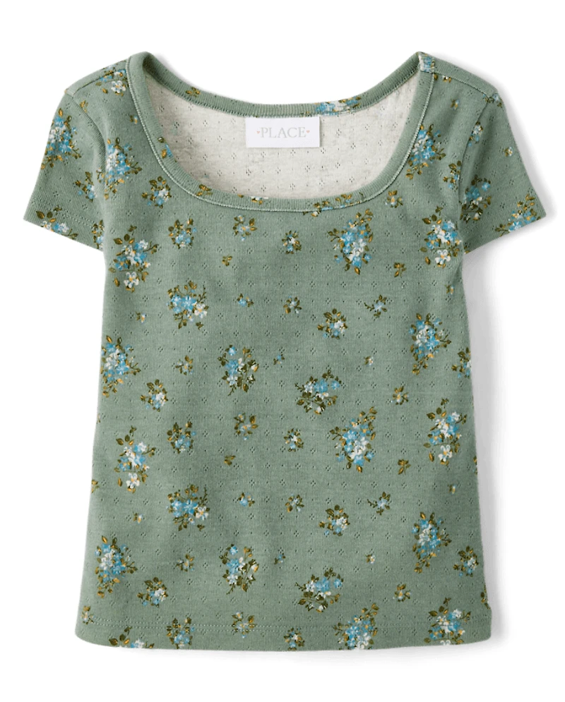 Girls Floral Pointelle Baby Tee