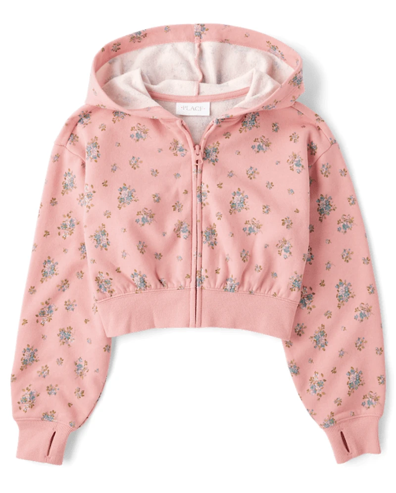 Girls Print Fleece Zip Up Hoodie