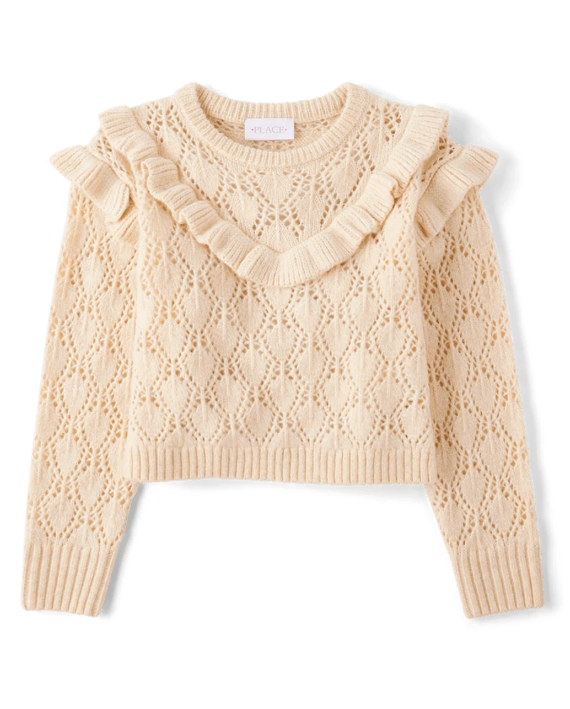 Girls Ruffle Pointelle Sweater