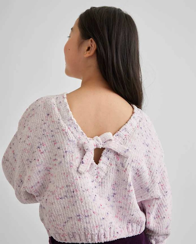 Girls Bow Back Cable Knit Chenille Sweater