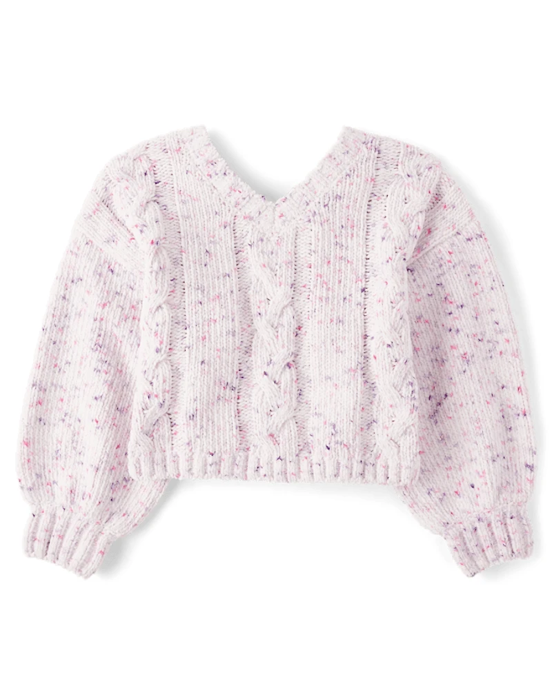 Girls Bow Back Cable Knit Chenille Sweater
