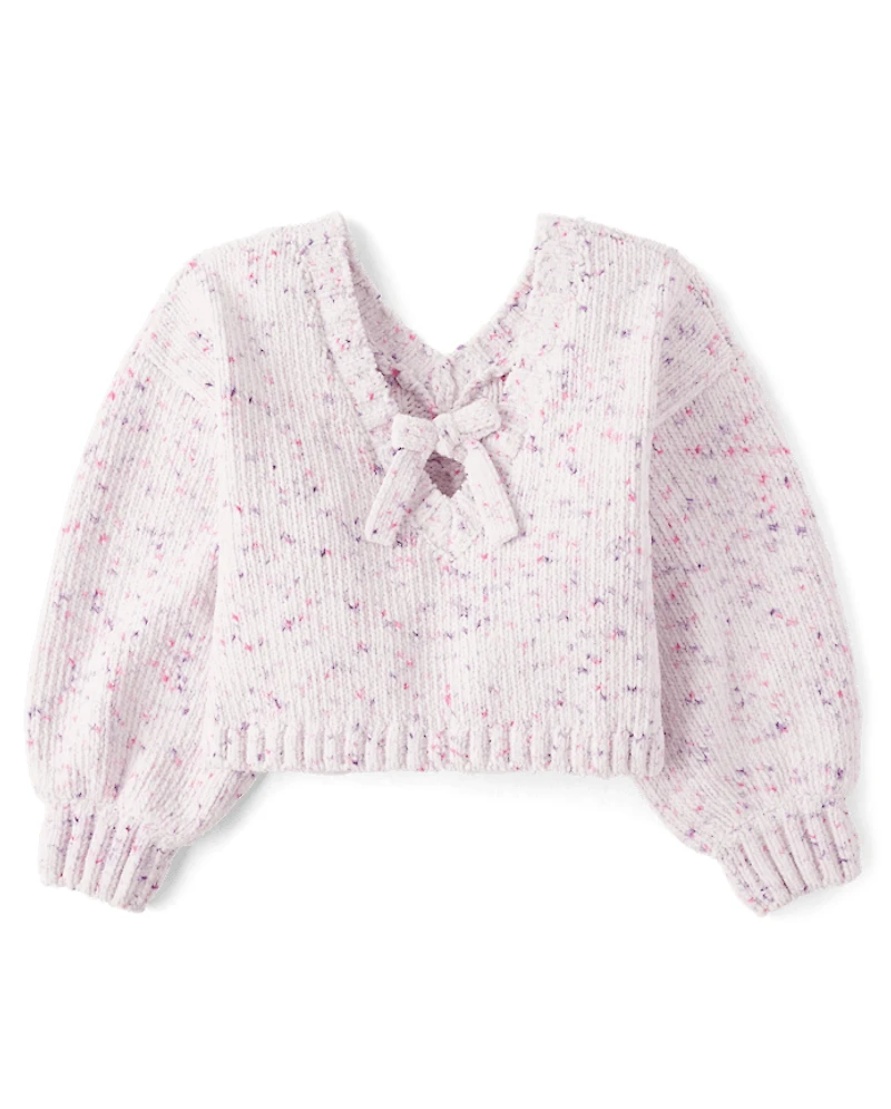 Girls Bow Back Cable Knit Chenille Sweater