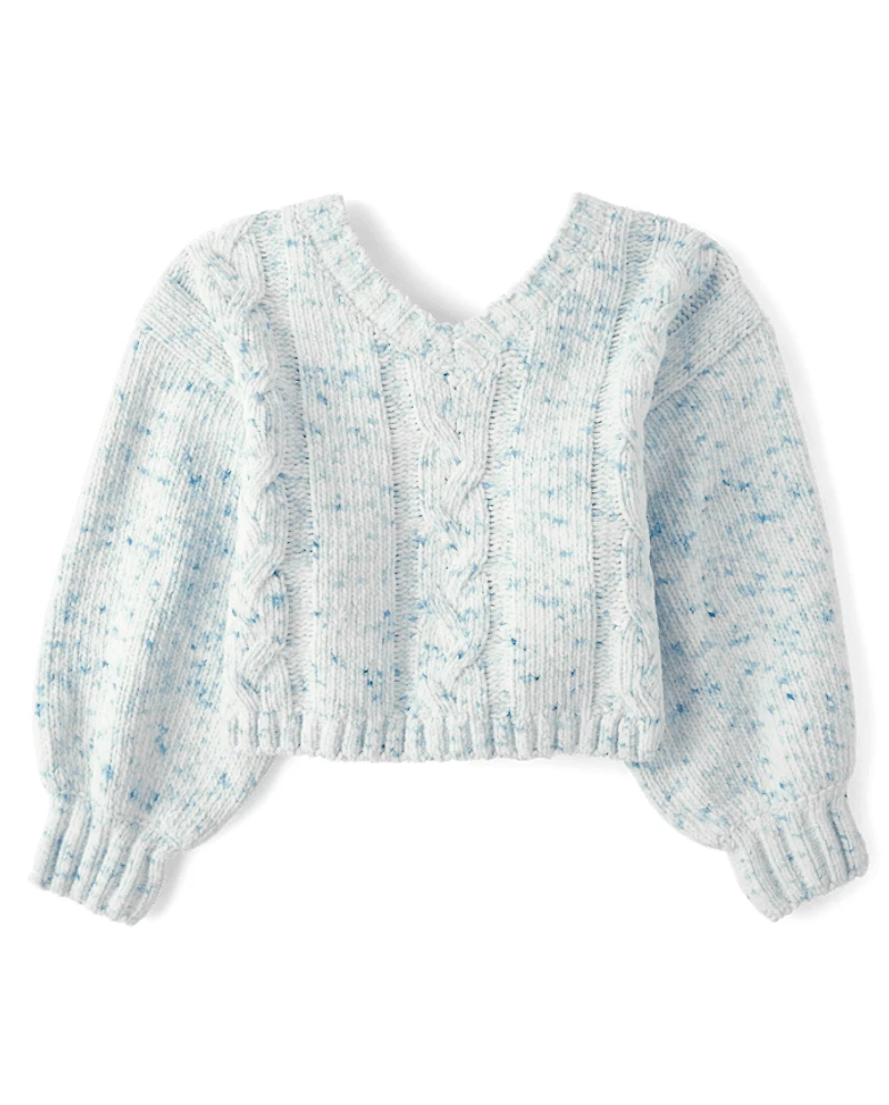 Girls Bow Back Cable Knit Chenille Sweater