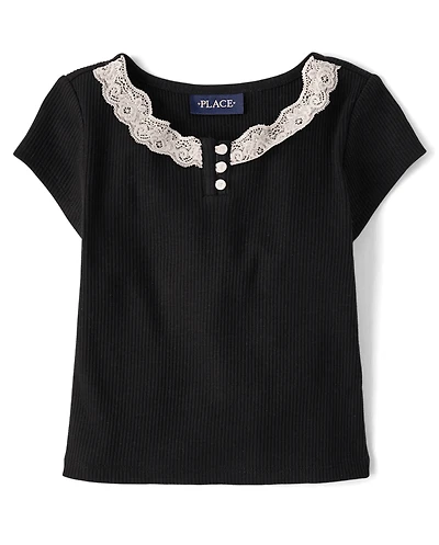 Girls Ribbed Lace Henley Top