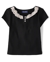 Girls Ribbed Lace Henley Top
