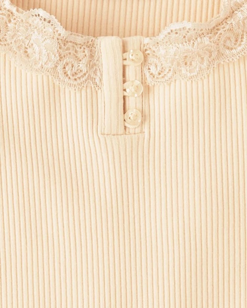 Girls Ribbed Lace Henley Top