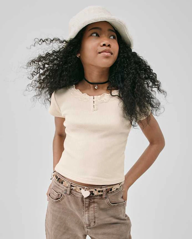 Girls Ribbed Lace Henley Top