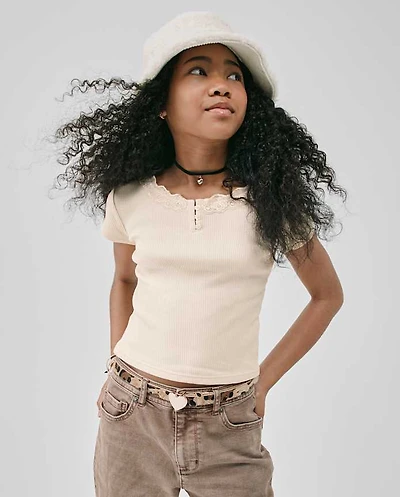 Girls Ribbed Lace Henley Top