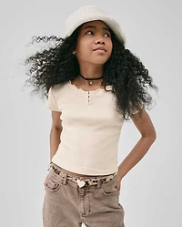 Girls Ribbed Lace Henley Top