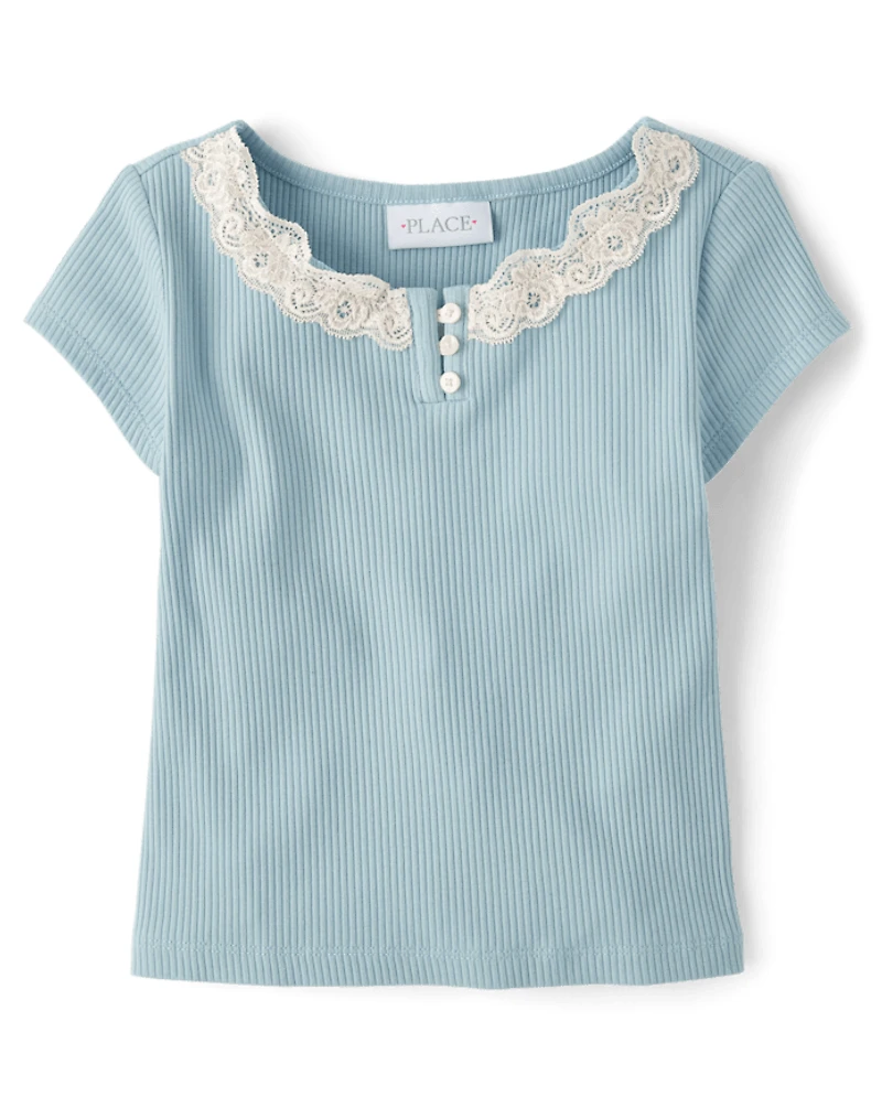 Girls Ribbed Lace Henley Top