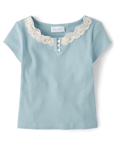 Girls Ribbed Lace Henley Top