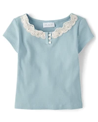 Girls Ribbed Lace Henley Top