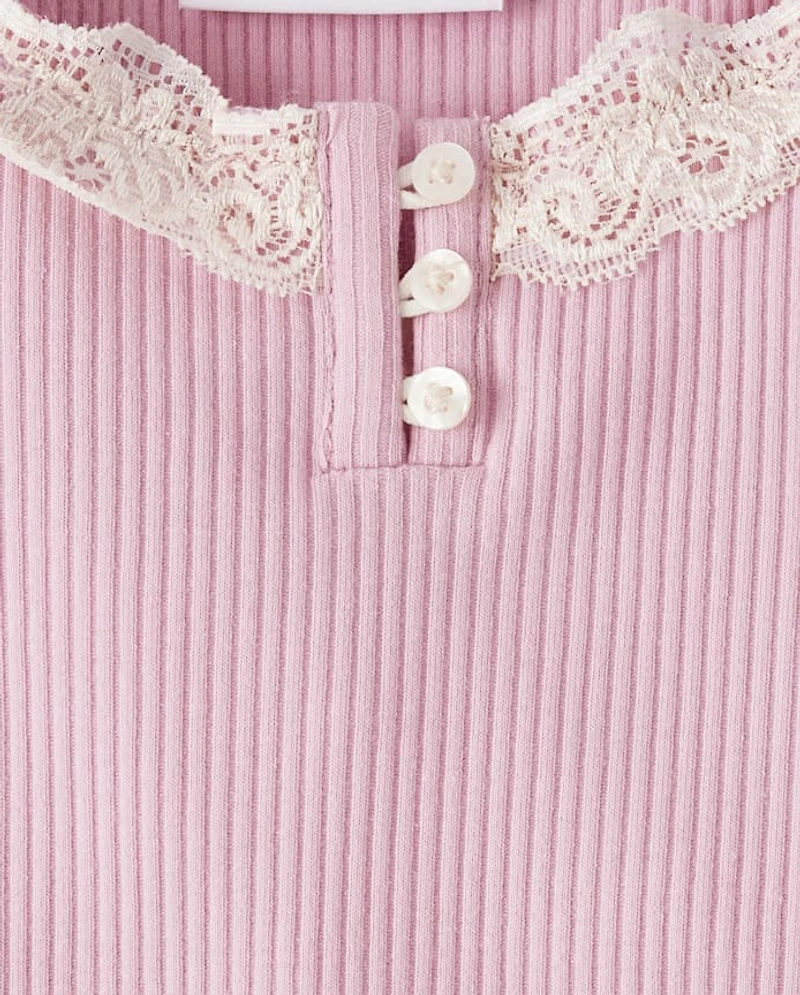 Girls Ribbed Lace Henley Top