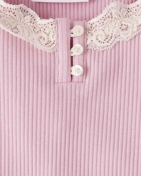 Girls Ribbed Lace Henley Top