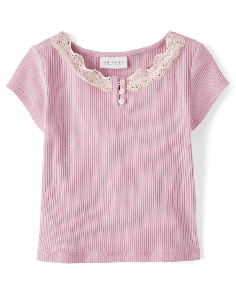Girls Ribbed Lace Henley Top