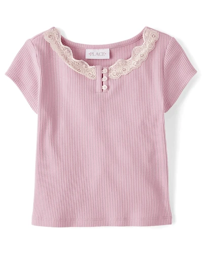 Girls Ribbed Lace Henley Top