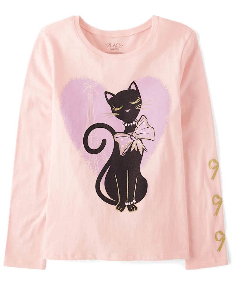 Girls Ribbon Cat Graphic Tee