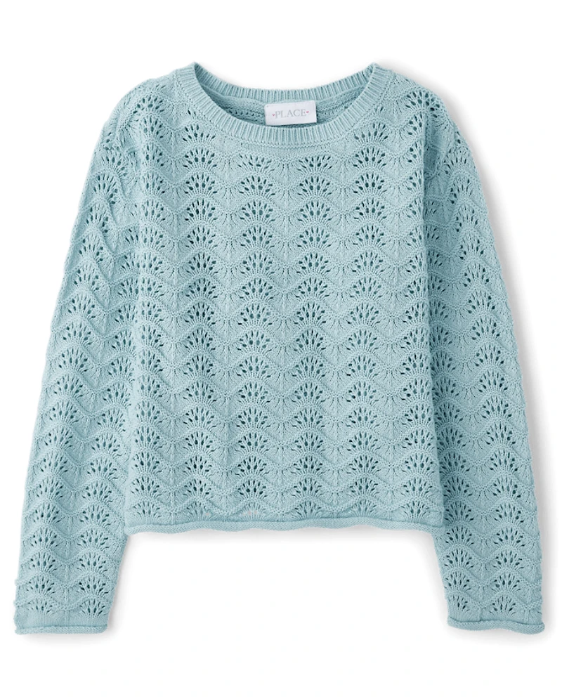 Girls Scalloped Pointelle Sweater