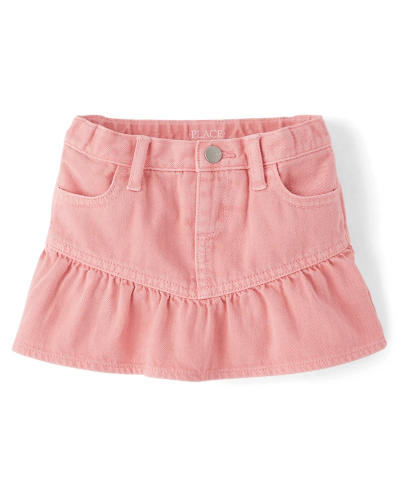 Jupe-short à volants en denim teint pièce pour petite fille