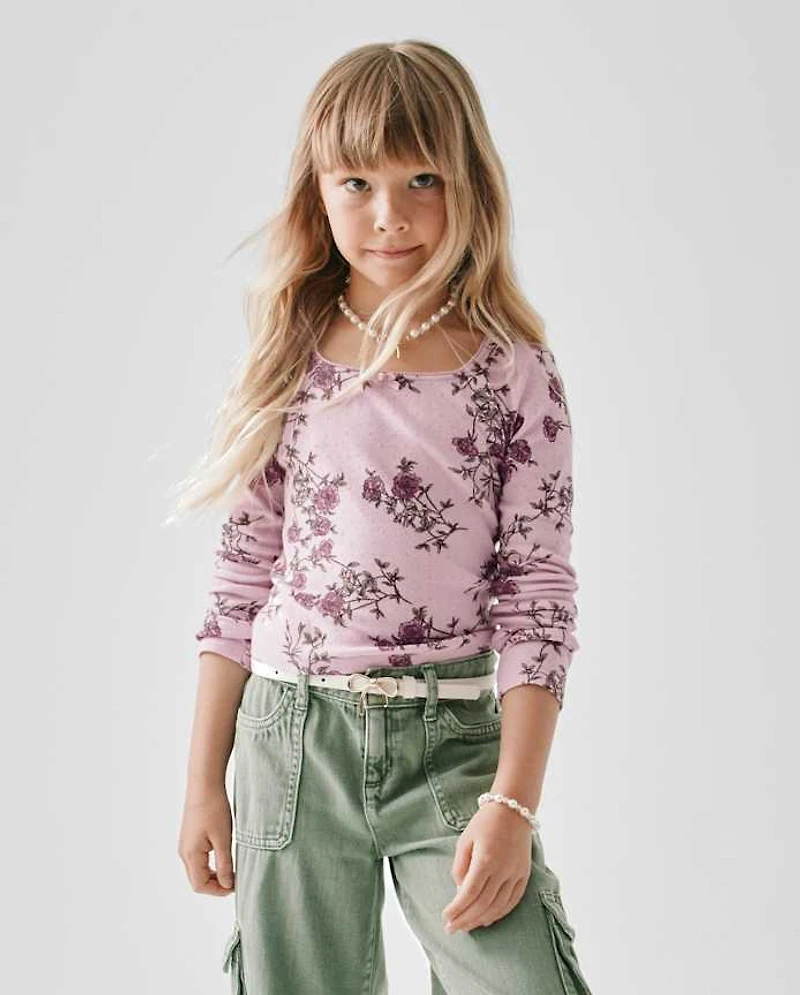 Girls Floral Pointelle Baby Tee