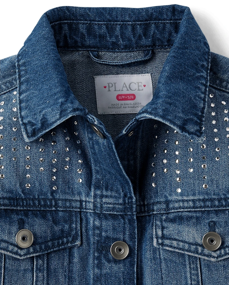 Girls Rhinestone Studded Denim Jacket