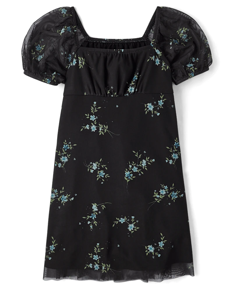Girls Floral Mesh Puff Sleeve Dress