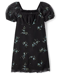 Girls Floral Mesh Puff Sleeve Dress