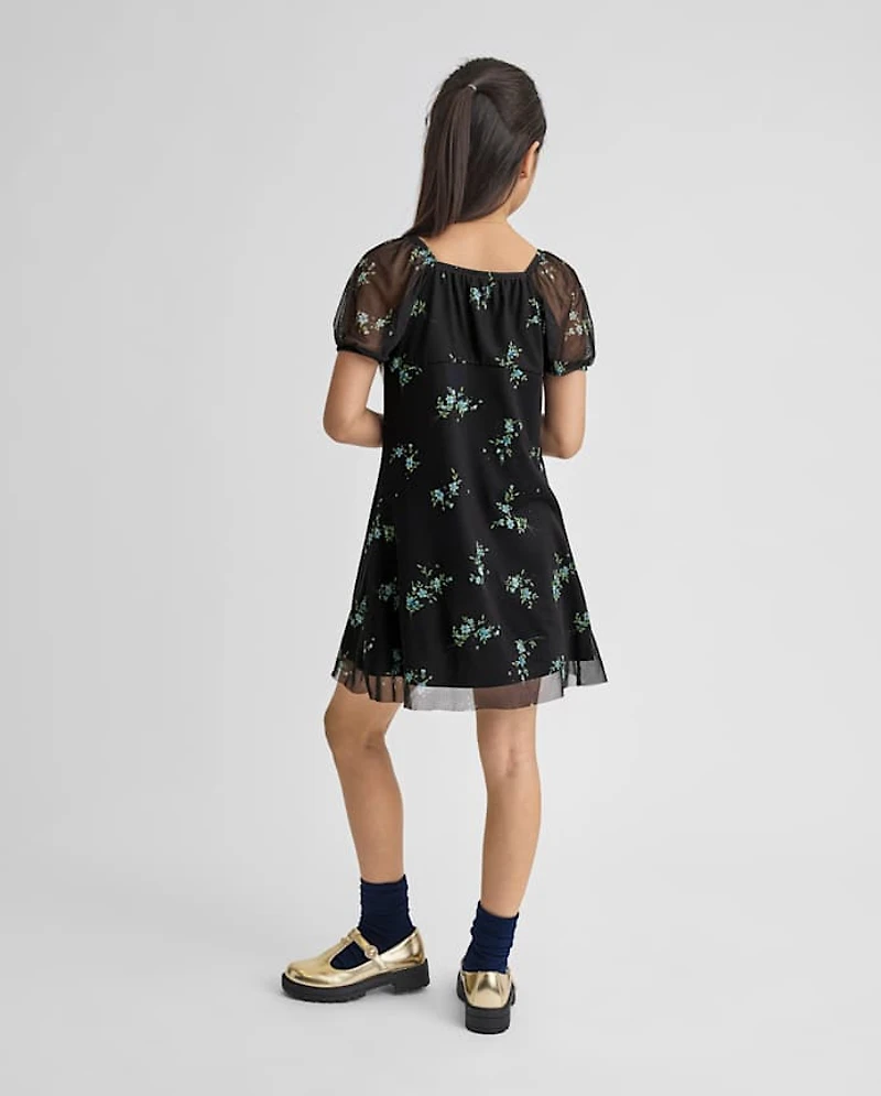 Girls Floral Mesh Puff Sleeve Dress