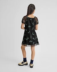 Girls Floral Mesh Puff Sleeve Dress