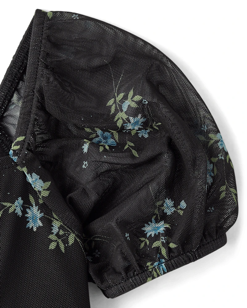 Girls Floral Mesh Puff Sleeve Dress