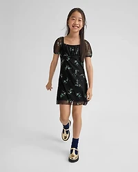 Girls Floral Mesh Puff Sleeve Dress