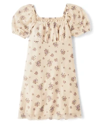 Girls Floral Mesh Puff Sleeve Dress