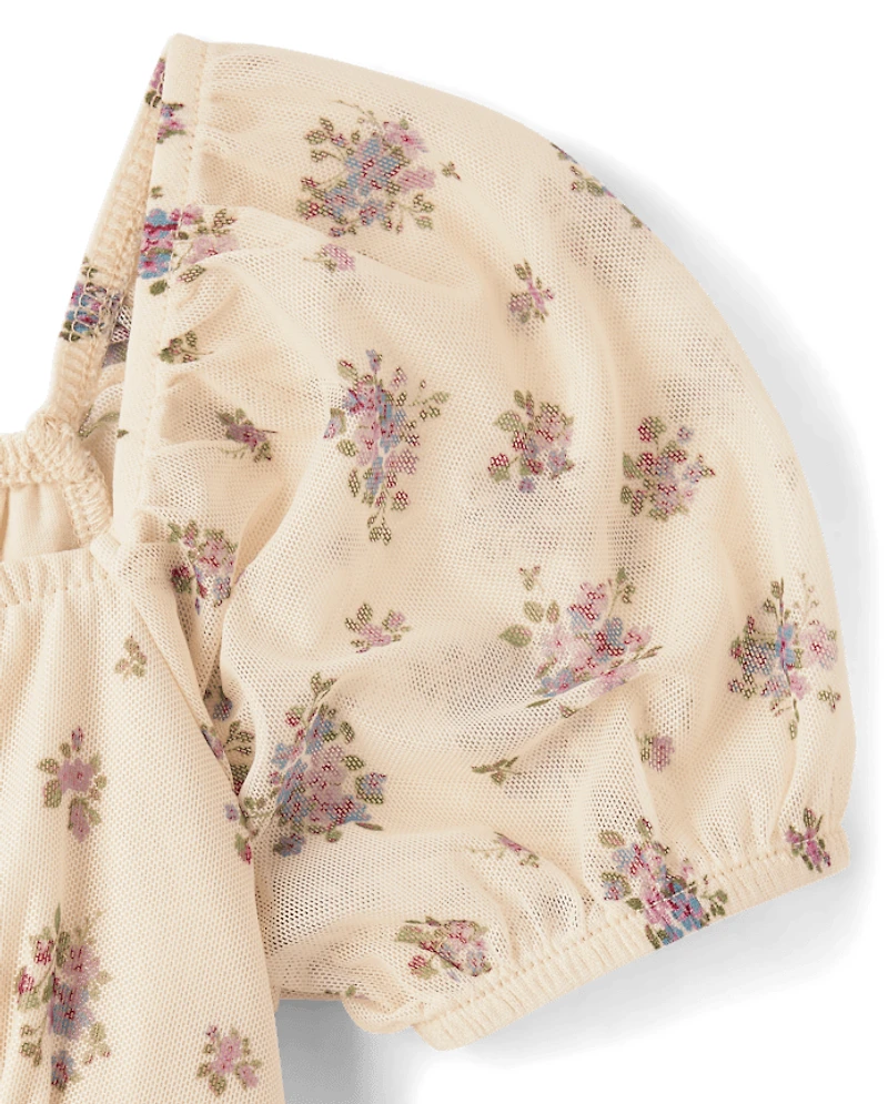 Girls Floral Mesh Puff Sleeve Dress