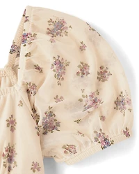 Girls Floral Mesh Puff Sleeve Dress