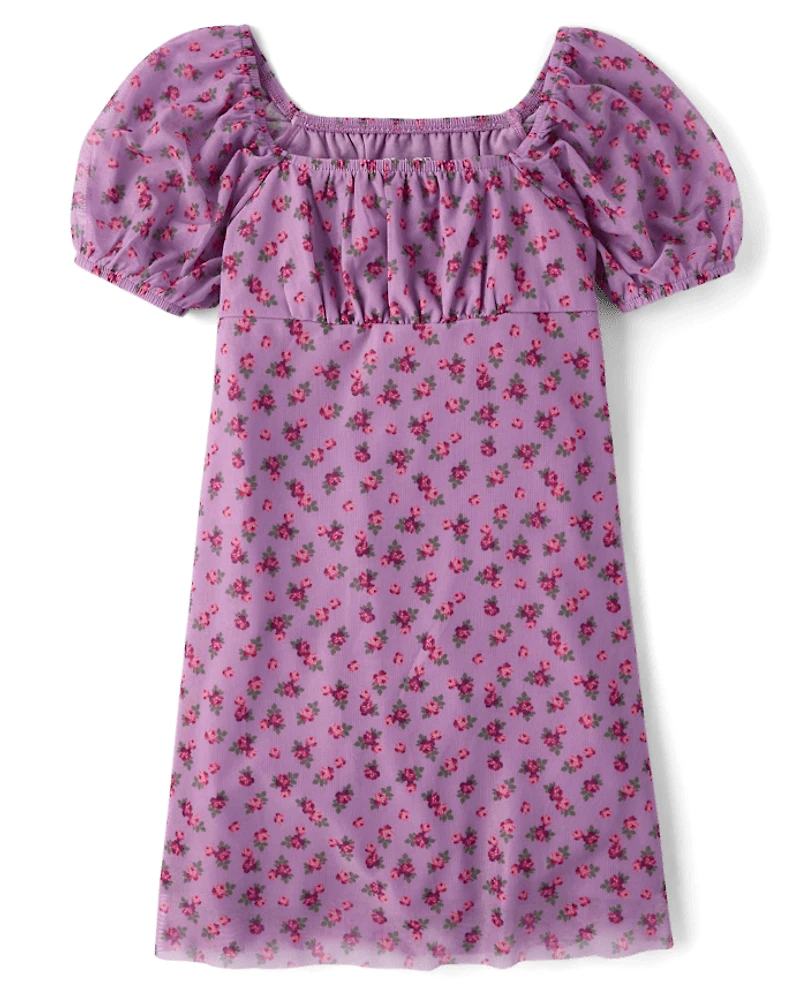 Girls Floral Mesh Puff Sleeve Dress