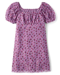 Girls Floral Mesh Puff Sleeve Dress