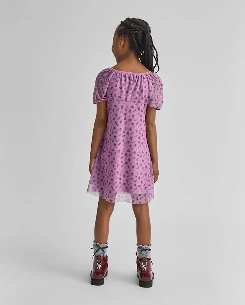 Girls Floral Mesh Puff Sleeve Dress