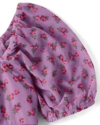 Girls Floral Mesh Puff Sleeve Dress